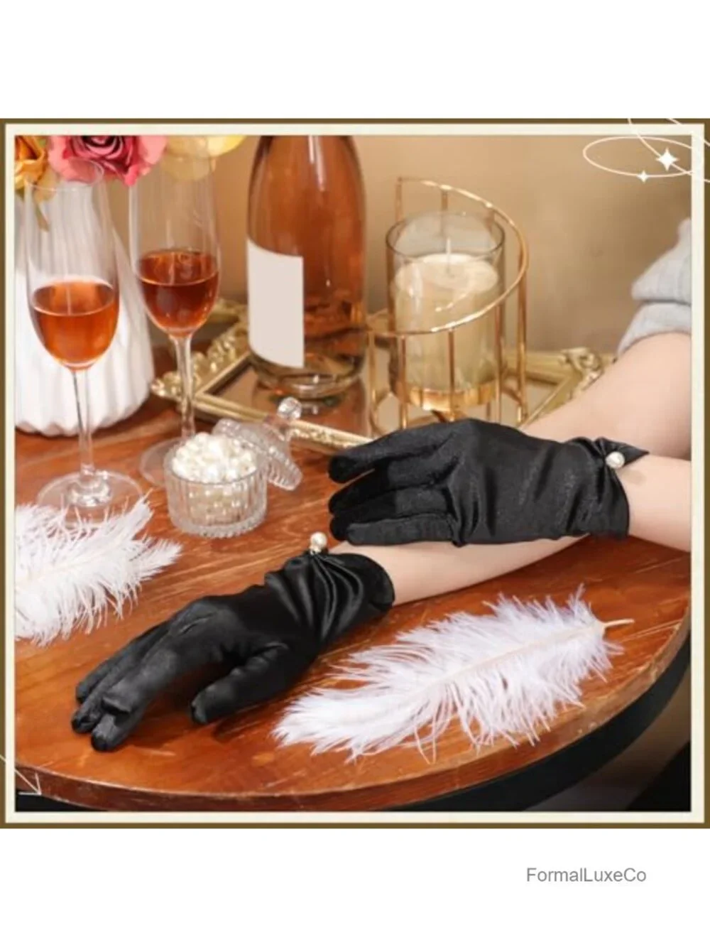 Short Satin Gloves with Pearls - 1920s Flapper Gloves
